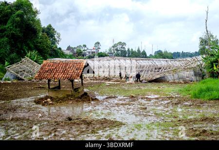 Bandung, Indonesia. 26 maggio 2025. Un'area danneggiata è stata osservata dopo l'inondazione e la frana colpita nel villaggio di Cikahuripan nella Reggenza di Bandung, Giava Occidentale, Indonesia, 26 maggio 2025. Crediti: Septianjar Muharam/Xinhua/Alamy Live News Foto Stock