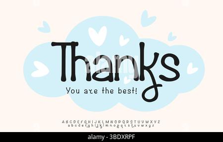 Grazie agli iscritti, testo carino scritto a mano con cuori e nuvole in stile pastello. Tipografia morbida e romantica per biglietti d'auguri, regalo per bambini, post sociale Illustrazione Vettoriale