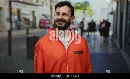 L'uomo ispanico con la barba nella tuta arancione della prigione sorride sulle strade trafficate all'aperto Foto Stock