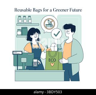Questa illustrazione illustra un'interazione amichevole in un punto vendita in cui un cliente riceve sacchetti riutilizzabili per la spesa. La scena enfatizza le scelte ecocompatibili che promuovono la sostenibilità negli acquisti quotidiani. Illustrazione Vettoriale