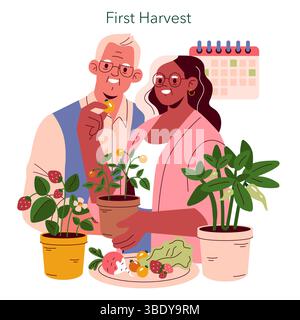 Le mini fattorie promuovono la sostenibilità e una vita sana attraverso il giardinaggio domestico. La gioia del raccolto è celebrata dal momento che le diverse piante producono prodotti freschi, unendo comunità e ambiente. Illustrazione vettoriale. Illustrazione Vettoriale