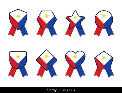 Collezione di distintivi bandiera filippina, icone vettoriali Patriottiche per il giorno dell'indipendenza, Clipart National Emblem per il design e la stampa Illustrazione Vettoriale