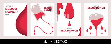Set di poster per la giornata mondiale dei donatori di sangue, progetti di campagne di sensibilizzazione salvavita, incoraggiano la donazione di sangue con un'arte d'impatto Illustrazione Vettoriale