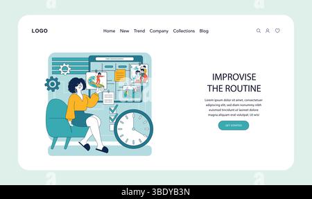 "Vettore di organizzazione del lavoro a distanza che illustra una donna che pianifica attività quotidiane da casa con efficienza strategica e creatività." Illustrazione Vettoriale
