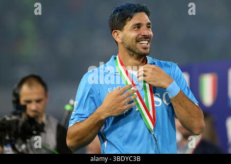 Giovanni Simeone della SSC Napoli celebra la vittoria del campionato italiano di serie A la partita di serie A tra SSC Napoli e Cagliari calcio allo Stadio Maradona il 23 maggio 2025 a Napoli. Foto Stock