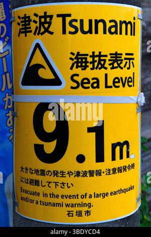 Indicazione del livello del mare in caso di tsunami, isola di Ishigaki, prefettura di Okinawa, Giappone, Asia. Foto Stock