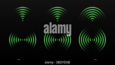 Onde sonore e luce radar. Segnale Wi-Fi con luce laser al neon. Scansione di rete o campo. Gruppo vettoriale di elementi su sfondo trasparente. Illustrazione Vettoriale