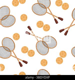 Modello piatto con disegno vettoriale senza cuciture, racchette e palline da tennis su sfondo bianco, perfetto per design a tema sportivo. Illustrazione Vettoriale