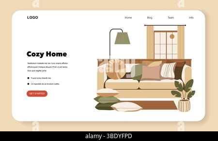 Accogliente illustrazione vettoriale del soggiorno con un elegante divano decorato con una varietà di cuscini, una lampada da terra e una grande finestra con tende, creando un'atmosfera calda. Illustrazione Vettoriale