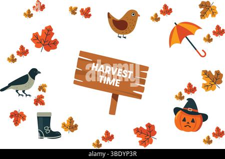 Una splendida illustrazione che raffigura la stagione del raccolto con vari elementi autunnali Illustrazione Vettoriale