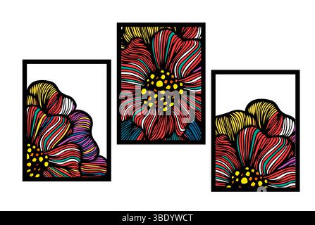 Set di poster astratti per fiori. Arte murale botanica alla moda con design floreale. Pitture murali con fiori colorati. Moderno, ingenuo e funky Illustrazione Vettoriale