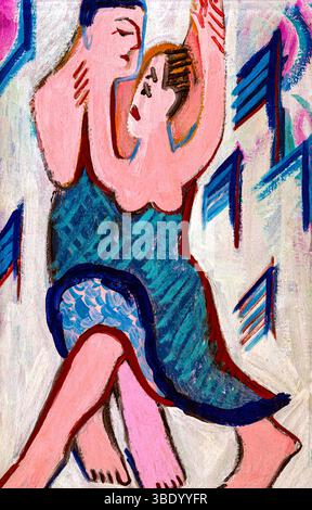 La scena invernale di Kirchner mostra una coppia danzante in movimento, circondata dalla neve, con audaci forme espressioniste e tensione emotiva in una suggestiva montagna Foto Stock