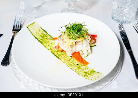 Piatto gourmet di filetto di pesce bianco servito con verdure julienate, microgreen e salsa alle erbe verdi su un piatto bianco durante un raffinato evento gastronomico. Foto Stock