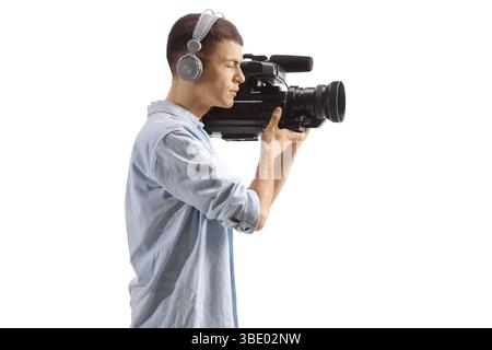 Registrazione del cameraman isolata su sfondo bianco Foto Stock