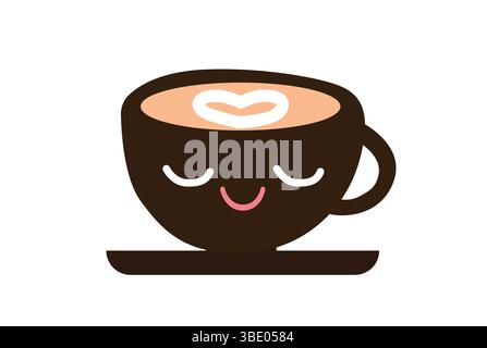 Tazza da caffè adorabile e carina con Heart latte Art e immagine del viso sorridente Illustrazione Vettoriale