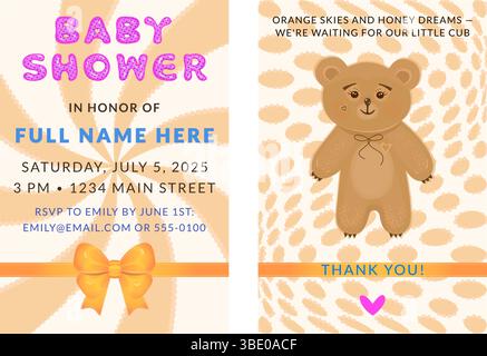 Sagoma arancione a due lati per la doccia del bambino, lato anteriore e posteriore. Invito con titolo font bolla, esempio di testo di inserimento dati e arco arancione e Illustrazione Vettoriale