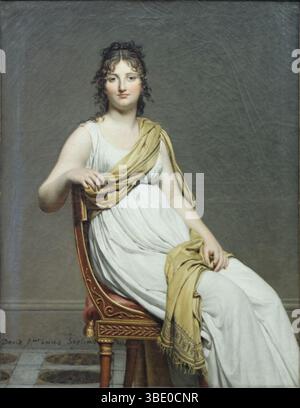 Ritratto di Madame de Verninac (1798–1799), nata Henriette Delacroix, sorella maggiore di Eugène Delacroix, Musée du Louvre, Parigi. Dipinto da Jacques-Louise David. David in seguito divenne un sostenitore attivo della Rivoluzione francese e amico di Maximilien Robespierre (1758-1794), ed era effettivamente un dittatore delle arti sotto la Repubblica francese. Imprigionato dopo la caduta di Robespierre dal potere, si allineò con l'ennesimo regime politico al suo rilascio: Quello di Napoleone, il primo console di Francia. In questo periodo sviluppò il suo stile Impero, notevole per il suo uso di caldi colori veneziani. Foto Stock