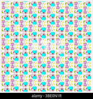 Sequenza di ripetizione del tè. Sfondo a base di erbe brillante. Tè vettoriale senza cuciture. Disposizione colorata delle bevande. Illustrazione Vettoriale