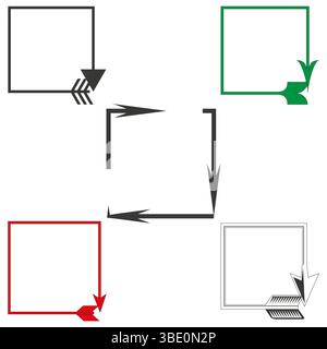 Quadrato del bordo della freccia. Icona angolo geometrico. Decorazione vettoriale del telaio. Contorno forma direzionale. Illustrazione Vettoriale