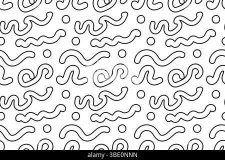 Motivo senza cuciture, pagina da colorare con forme astratte a scarabocchio in linee ondulate e punti. Sfondo geometrico. Per intrattenere i bambini, in bianco e nero Illustrazione Vettoriale