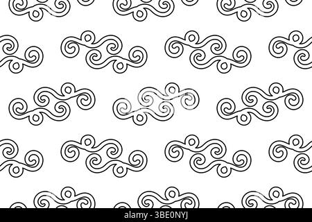 Motivo senza cuciture, pagina di colorazione vettoriale con disegno decorativo astratto geometrico a effetto doodle di vortici e ricci. Per intrattenere i bambini, nero e bianco Illustrazione Vettoriale