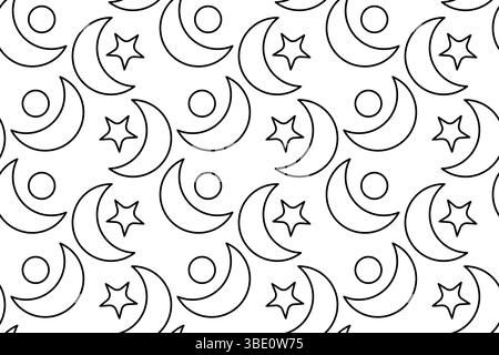 Motivo senza cuciture, pagina da colorare con lune, stelle e cerchi. Cielo spaziale stellato e lunare. Sfondo astratto. Per intrattenere i bambini, nero e bianco Illustrazione Vettoriale