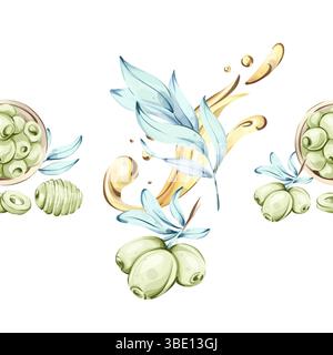 Olive e olio d'oliva in stile acquerello con bordi e cornici senza cuciture che mettono in risalto la bellezza della cucina italiana e della natura Illustrazione Vettoriale