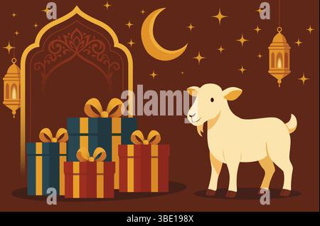 EID al-Adha Celebration with Gifts and Goat Eid al-Adha Gifts a Goat Islamic Festival Eid Mubarak Bakra Eid Eid Eid Celebration Scene Adha Holiday with Presen Illustrazione Vettoriale