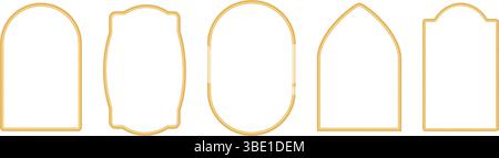 Collezione di archi dorati lucenti in stile orientale. Cornici arabe, finestre tradizionali islamiche, cancelli, porte, archi della moschea, bordi marocchini Illustrazione Vettoriale