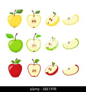 Set di illustrazioni di frutta di mele verde, gialla, rossa. Mele in sezione. Disegnato a mano. Illustrazione Vettoriale