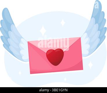 Busta di carta rosa con ali d'angelo e cuore rosso. Lettera di San Valentino. Posta di nozze. Messaggio Cupido. Spedisci la cartolina postale d'amore. Corrispondenza degli amanti Illustrazione Vettoriale