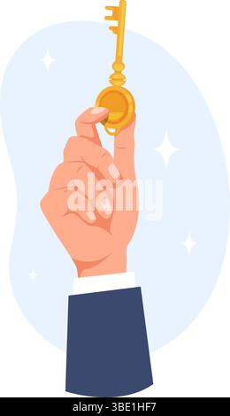 Le mani tengono la chiave dorata tra le dita. Tasto di blocco Home. Agente immobiliare braccio umano. Accesso immobiliare. Proprietario della proprietà. Protezione della privacy o sicurezza domestica Illustrazione Vettoriale
