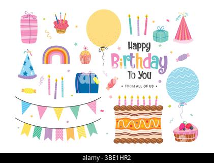 Set clipart elementi compleanno. Buon compleanno, coloratissimi elementi della festa, come torte, pennant, palloncini, regali, candele e tipografia Illustrazione Vettoriale