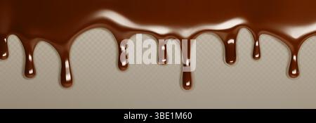 Bordo gocciolatoio di cioccolato - liquido liquefatto marrone dolce che gocciola dalla parte superiore su sfondo trasparente. Deliziosa crema di cacao scuro o gocce di salsa di fudge calda per condire i dessert o creare una confezione di caramelle Illustrazione Vettoriale