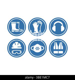 Cartelli PPE o dispositivi di protezione individuale. Indossare scarpe protettive, giubbotto di protezione e set di icone vettoriali delle cuffie. Illustrazione Vettoriale
