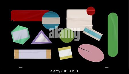 Set di etichette e adesivi vintage in varie forme: Rettangolari e ovali, rotondi e triangolari. Etichette retrò vuote con bordi usurati sul nero. Vecchi badge adesivi in carta e cartelli di vendita. Illustrazione Vettoriale
