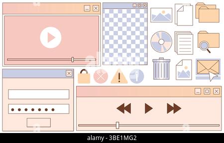 Elementi dell'interfaccia utente in stile retrò: Finestra del lettore video, pulsanti di controllo della musica, icone e simboli, barre di avanzamento. Old School, kit di design vettoriale piatto vintage per sito web ispirato agli anni '90, mockup software Illustrazione Vettoriale