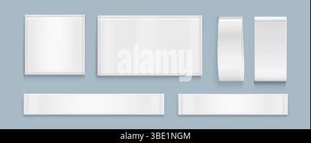Set di mockup per etichette in tessuto bianco: Striscioni e nastri quadrati, rettangolari e ad anello. Collezione di etichette in tessuto vuote per branding, informazioni sulla cura, design dei logo. Accessori per abbigliamento, modello alla moda Illustrazione Vettoriale