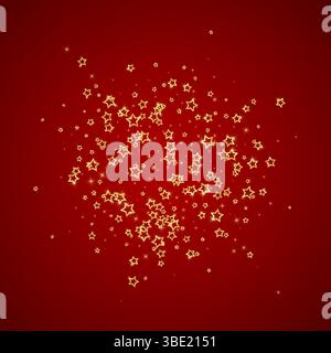 Stelle scintillanti sparse in modo casuale, volando, cadendo giù, fluttuando. Concetto di festa di Natale. Illustrazione vettoriale Festive Stars su sfondo rosso. Illustrazione Vettoriale