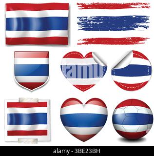 Un set versatile di icone vettoriali a tema bandiera thailandese in varie forme, caratterizzate da colori vivaci e da elementi di design puliti Illustrazione Vettoriale