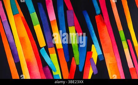 Motivo ad acquerello luminoso con strisce multicolore dritte e rotte su sfondo nero Foto Stock