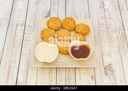 Crocchette di falafel fritte servite con una piccola salsa in un negozio di kebab Foto Stock