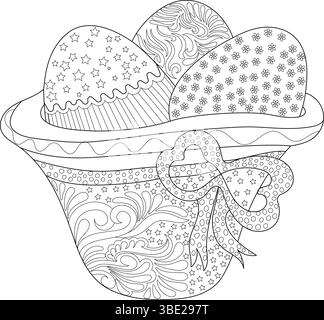 Illustrazione in bianco e nero di tre uova di Pasqua con motivi decorativi collocate in un cestino ornato con un fiocco. Progettato come pagina da colorare Illustrazione Vettoriale
