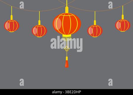 Icona Lanterna garland. Luci rosse sospese. Decorazione Vector festival. Sfondo grigio scuro. Illustrazione Vettoriale