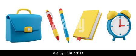 Icone vettoriali 3d di ritorno a scuola. Penna, matita, libro, sveglia e valigetta sono isolati su uno sfondo bianco. Set di elementi didattici Illustrazione Vettoriale