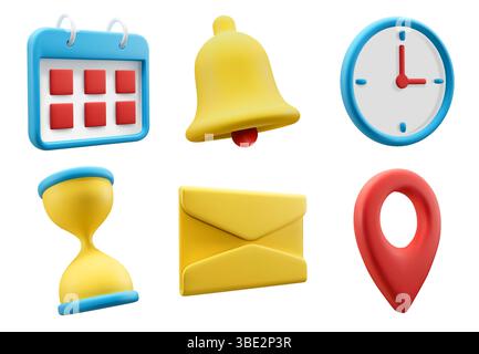 Calendario, clessidra, orologio, campanello, messaggio, icone vettoriali dei contrassegni di geolocalizzazione. Set di icone 3d pianificazione aziendale e ufficio. Illustrazione Vettoriale