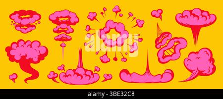 Fumetto fumettistico ambientato con forme rosa esplosive e esplosioni simili al fuoco su sfondo giallo. Illustrazione fumetto e fumetto vettoriale. Perfetto per Illustrazione Vettoriale