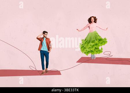 Collage di immagini di tendenza di persone che hanno una gonna di lattuga su sfondo rosa Foto Stock