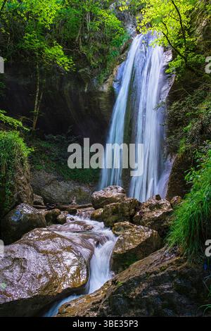 Francia, Isere, Varces-Allieres-et-Risset, Parco naturale regionale del Vercors, cascata Allieres o cascata Pissarde Foto Stock