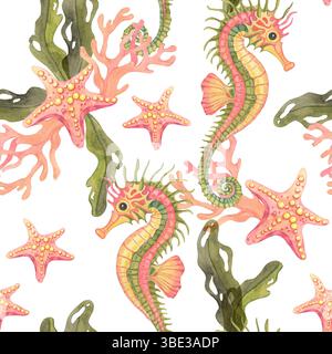 Cavallucci marini e stelle oceaniche tra alghe. Questo motivo senza cuciture per illustrazioni ad acquerello è ideale per abbigliamento estivo, carta da imballaggio, carta da parati o imballaggi a tema oceano Foto Stock